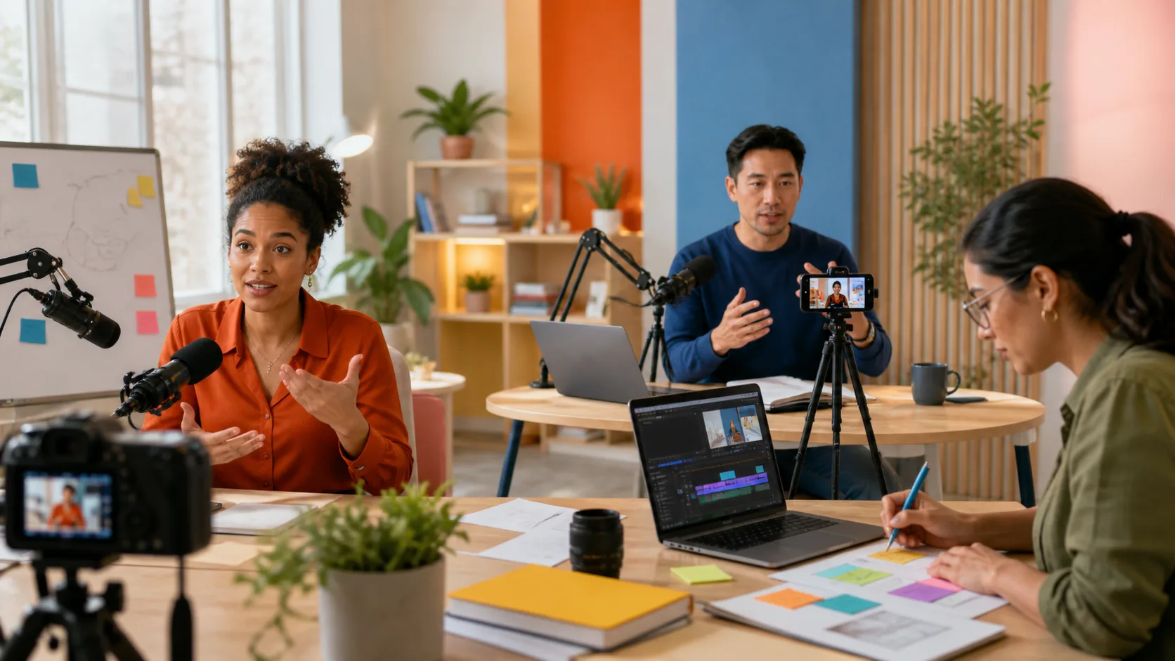Creators recording and planning content in a production studio